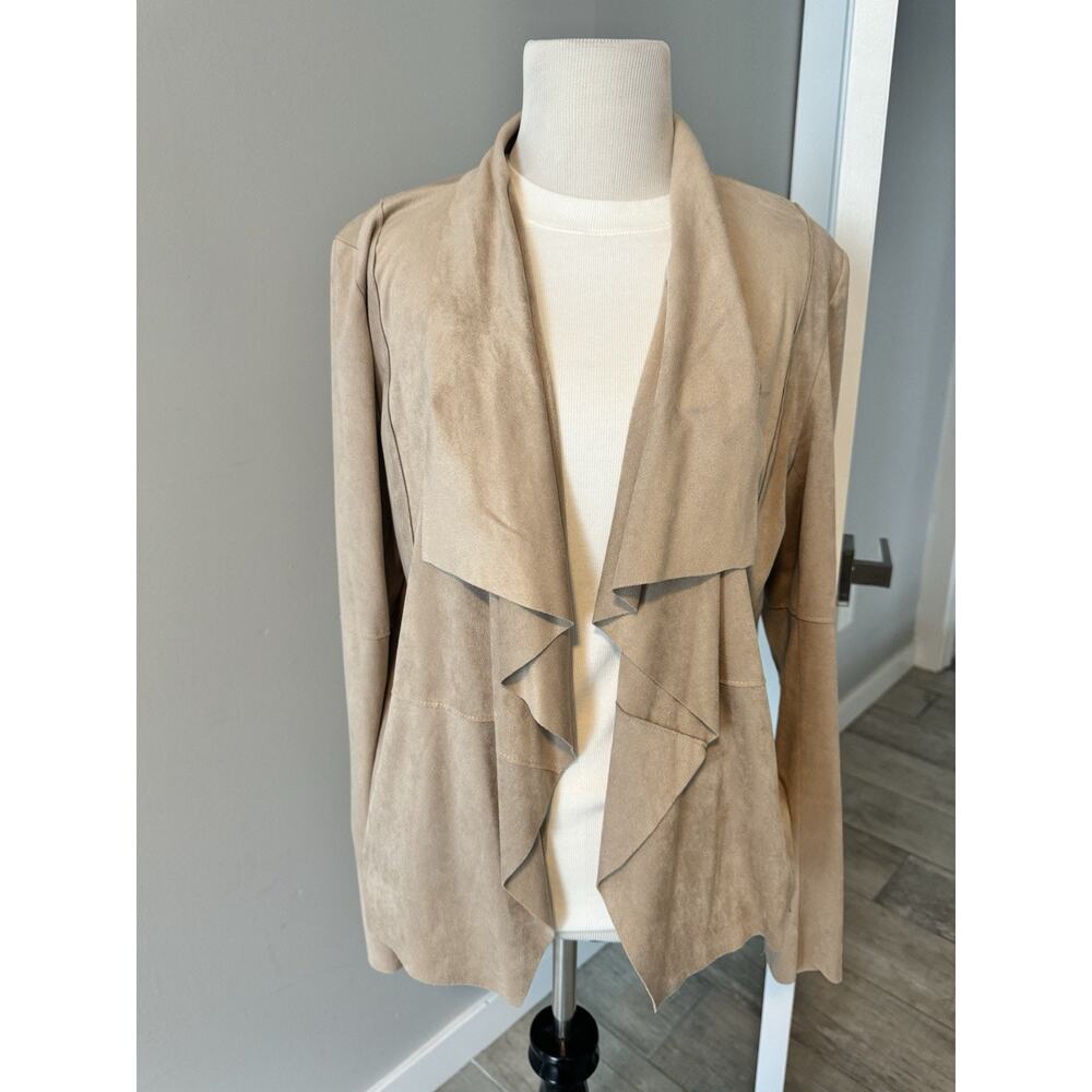 Large Bagatelle Collection Beige Faux Suede Drape Open Front Exposed Seam Jacket